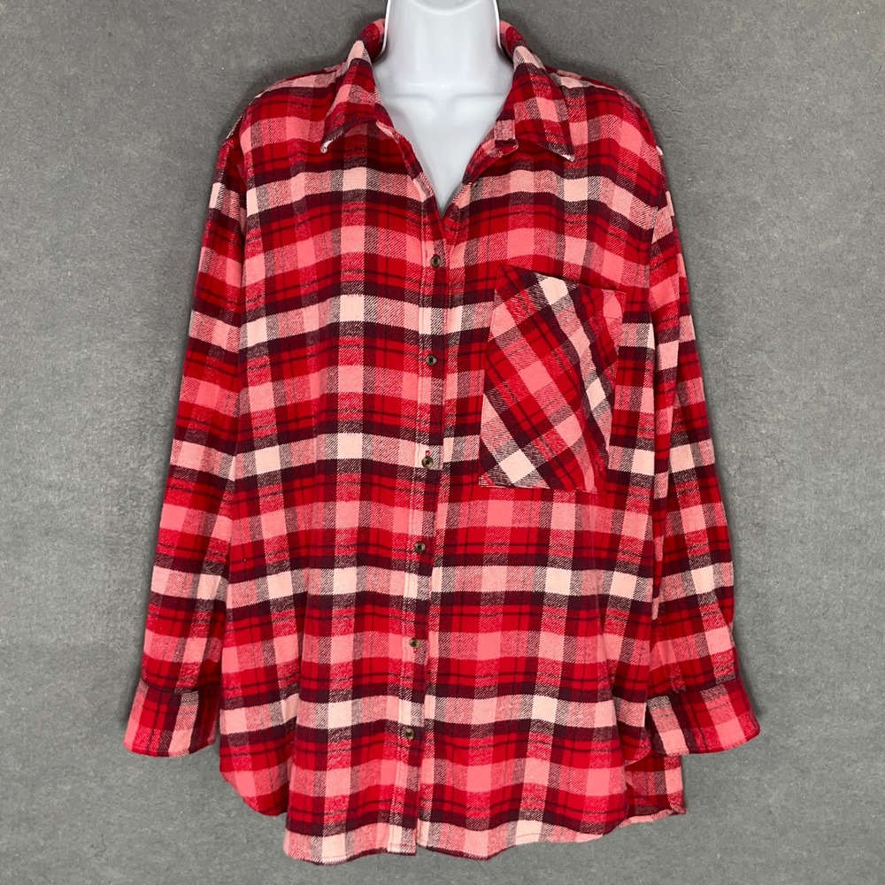 Aerie Womens Flannel Shirt Sz L Red Plaid Button‎ Up Oversized Casual Outdoors